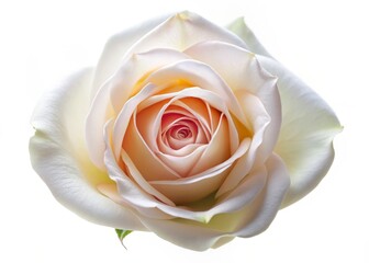 White Rose Close-Up: Bird's Eye View, Pale Pink Center, Isolated on White