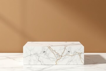 marble block on a marble table against a brown wall