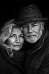 Portrait of an elderly couple: a blonde woman and a gray-haired man, set against a black background. Love concept.