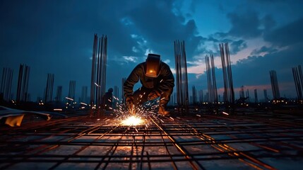 Obraz premium Welder in Protective Gear Working at Dusk with Sparks Flying Around