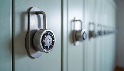 Naklejka premium Close-up of combination locks on school lockers, secure mood, school environment concept