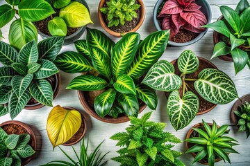Fototapeta premium Wide-Angle Top-Down View of Lush Potted Plants with Large Leaves