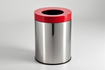 there is a red trash can sitting on a white surface