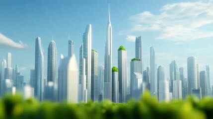 A Futuristic Urban Landscape with Lush Greenery on Skyscrapers and a Clear Blue Sky, Showcasing Modern Architecture and Sustainable Design in a Vibrant City Environment