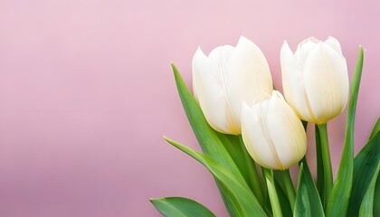 Fototapeta premium A pair of white tulips in full bloom, radiating elegance and simplicity, set against a soft pink background, symbolizing purity, renewal, and the timeless charm of nature’s beauty