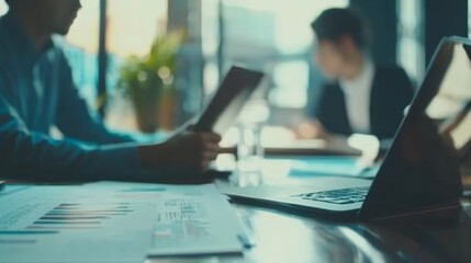 Young Asian business financial team work together in project brainstorm meeting. Cooperate teamwork, strategy planning, small business startup company, or office coworker collaborate concept