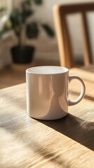Fototapeta premium Close-up Photo: Sunlit White Mug Mockup on Wooden Table. AI Generated