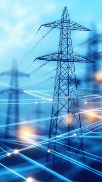 Abstract depiction of high voltage power lines with illuminated energy transmission, showcasing urban infrastructure and dynamic electrical currents against a blue background