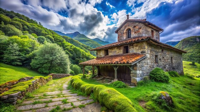 Worm's Eye View of Hermitage of Regalina & Asturian Horreos, Cadavedo, Asturias, Spain - Panoramic Rural Landscape