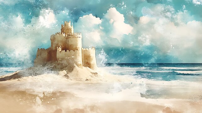 Stunning Digital Painting: Majestic Sandcastle Imperiously Stands Against Ocean Waves. AI Generated