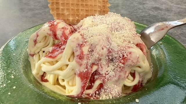 Close up of eating spaghetti ice cream