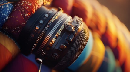 Close-up of a colorful camera lens showcasing intricate details and vibrant textures. Photography enthusiasts will admire this artistic representation. Generative AI