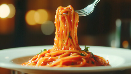 Silver fork scooping spaghetti with tomato and basil. Magazine photography close up shot.