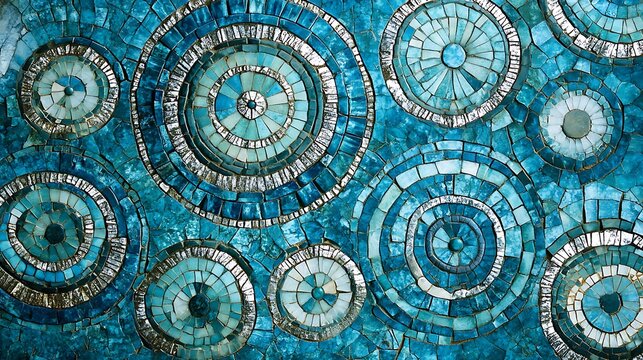 Stunning Close-Up Photo: Teal and Silver Mosaic Art Circles. AI Generated