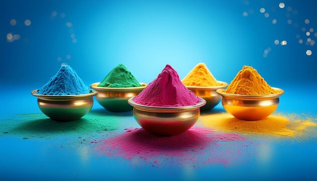 Indian festival happy holi, colourful holi powder or gulal in group of golden pots on blue background