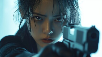 Intense standoff in a dimly lit setting with a focused person