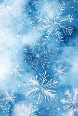Frosty Snowflakes Falling Against a Light Blue Winter Background with Soft Bokeh Effects, Perfect for Seasonal Holiday and Winter-Themed Designs