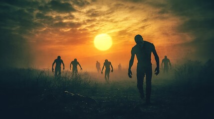 Fototapeta premium Grimly Stalking Zombies at Sunset: A Darkly Atmospheric Digital Painting. AI Generated