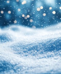 Fototapeta premium Gentle Snowfall Over a Serene Winter Landscape with Soft Blue Tones and Glimmering Lights Creating a Dreamy Atmosphere for Seasonal Imagery