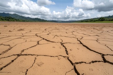 Cracked dry earth under a cloudy sky in a drought-affected landscape.