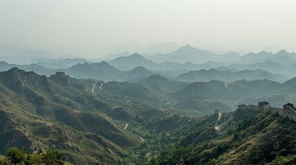 Naklejka premium Serene Mountain Landscape Featuring Ancient Wall in Misty Atmosphere, Overlooking Dense Forests and Rolling Hills in Soft Light of Morning Twilight