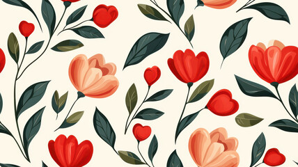 Valentine seamless pattern of vibrant floral pattern with red flowers and green leaves on light background