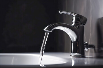Chrome Faucet with Water Flowing into Sink