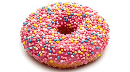 Close-Up Photo: Deliciously Sprinkled Pink Donut on White Background. AI Generated