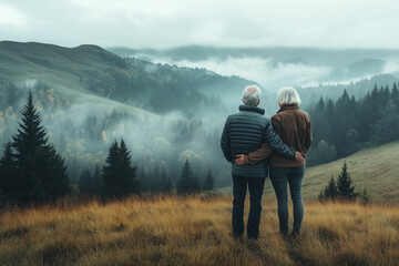 A photograph of an elderly couple standing in the misty mountains, overlooking a valley with pine trees and grassland. They are wearing outdoor clothes suitable for hiking or trekking.