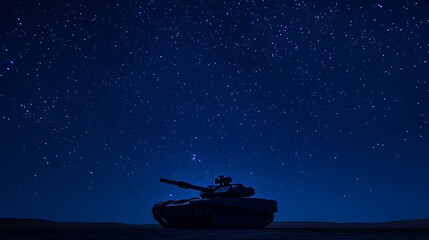 Naklejka premium Nighttime Tank Silhouette: A Striking Wide Shot Photo Under a Starry Desert Sky. AI Generated