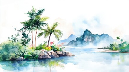 A serene watercolor landscape featuring lush palm trees by a calm river with distant mountains, evoking tranquility and nature's beauty.