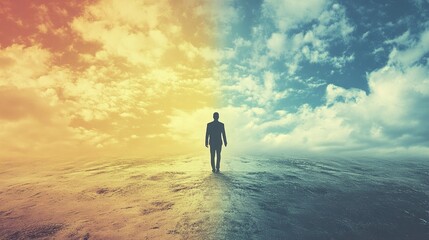 Solitary Journey: A Man Walks Towards the Uncertain Horizon