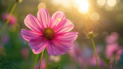 Fototapeta premium Morning Beauty Captured: Dewy Flowers in a Sunrise-Lit Field
