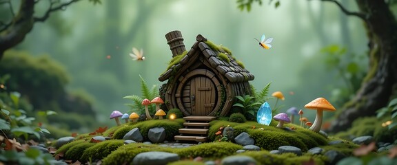 Fototapeta premium Enchanted Forest Cottage: A Whimsical, Mossy Haven