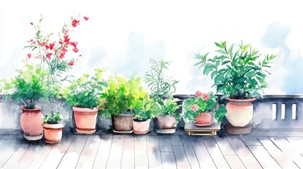 A vibrant display of potted plants on a sunny balcony, showcasing various greens and colorful blossoms in a refreshing composition.