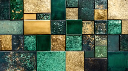 Close-up Photo: Richly Textured Emerald and Gold Mosaic Tile Wall. AI Generated