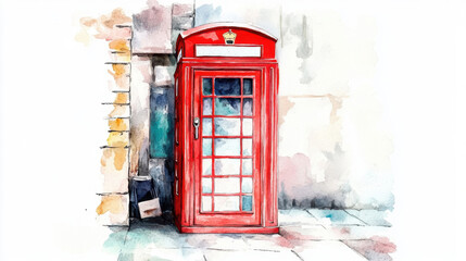 Fototapeta premium A vibrant watercolor illustration of a classic red telephone booth in an urban setting.
