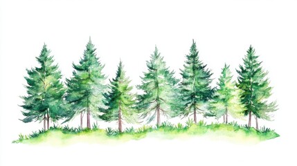 Obraz premium A vibrant watercolor illustration of lush evergreen trees, showcasing nature's beauty and serene forest landscapes.