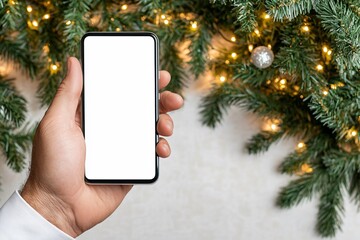 A hand holds a smartphone with a blank screen, surrounded by Christmas decorations and warm lights.