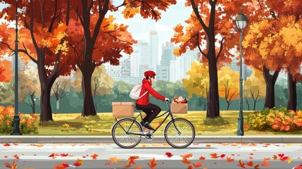 Obraz premium Autumn park delivery person on bicycle.