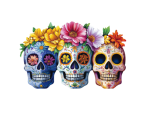 Mexican png sugar skullwith floral ornament and flower on dark background. Dia de muertos celebration. Fiesta, Halloween holiday poster, flyer, greeting card, banner