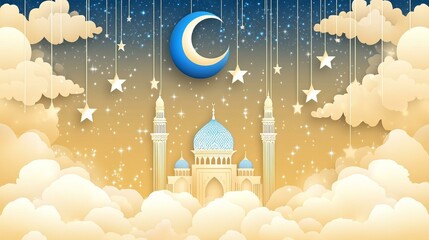 3D image of a mosque with a crescent moon hanging above it. The mosque is brightly colored with beauty.
There are many stars hanging from the ceiling, all lit up and background is bright and beautiful