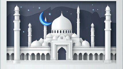 Stylized mosque illustration with domes, minarets, crescent moon, and stars on a dark background, showcasing a peaceful nighttime ambiance.