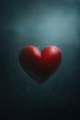 Fototapeta premium A red heart floating in the air, surrounded by fog and darkness, with water droplets on it. The background is dark blue, creating an atmosphere of mystery and romance.