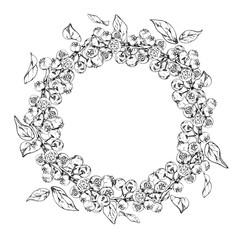 Blueberry blackberry cluster with plant leaves on branch, ripe forest berry hand drawn in ink vector. Isolated wreath frame botanical illustration for restaurant, cafe menu, wedding, farmers market.