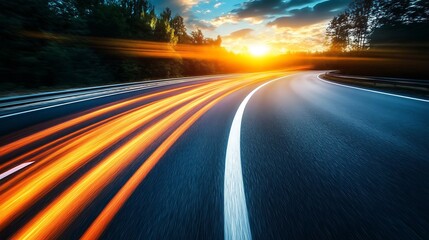 Obraz premium Stunning Wide Shot Photo: Vibrant Sunset Lights Streaking Along a Winding Country Road. AI Generated