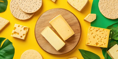 A vibrant display of various cheese types arranged on a wooden board, surrounded by bright yellow and green elements.