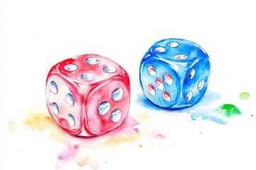 Colorful red and blue dice on a white background, capturing the essence of chance and fun in gaming and leisure activities.