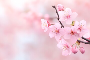 Delicate cherry blossoms bloom softly against a blurred pink background, creating a serene, picturesque spring scene.