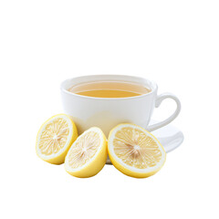 White cup of green herbal tea with lemon on transparent background. Png clipart of tea advertisement, home treatment, vitamin aromatic drink